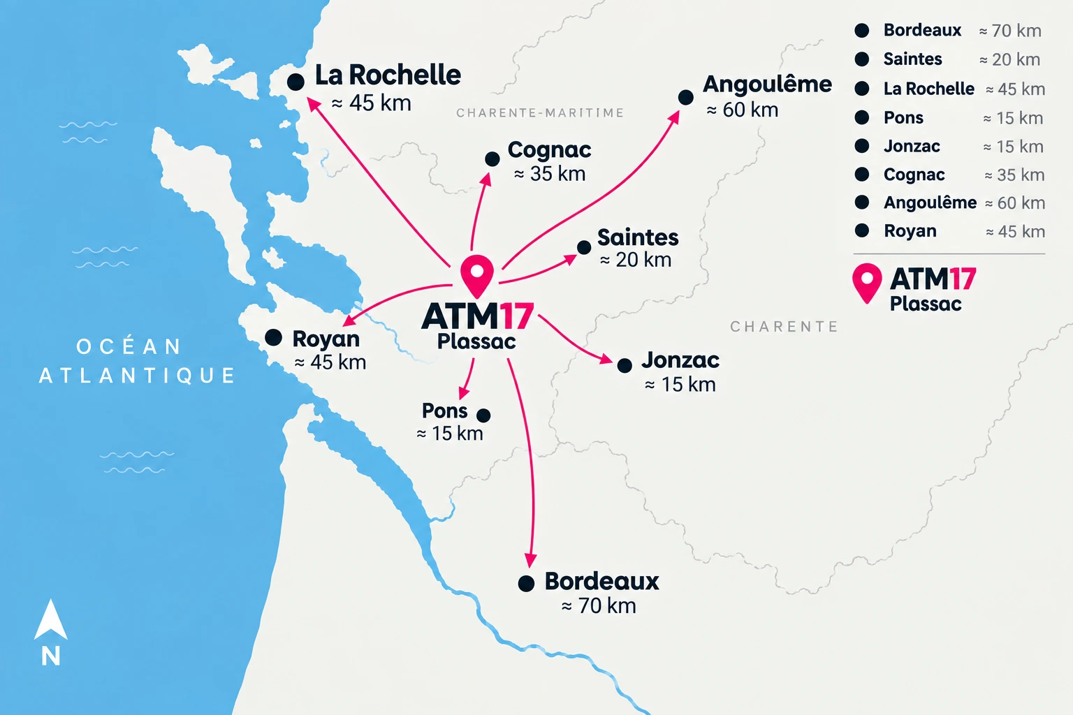 Localisation d'ATM17, entreprise de métallerie à Plassac en Charente-Maritime
